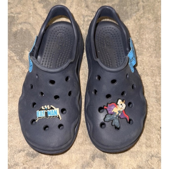 Crocs Sz C11 Youth Boys 11 Blue Swiftwater Wave Sandals Shoes BatmanJibbitz